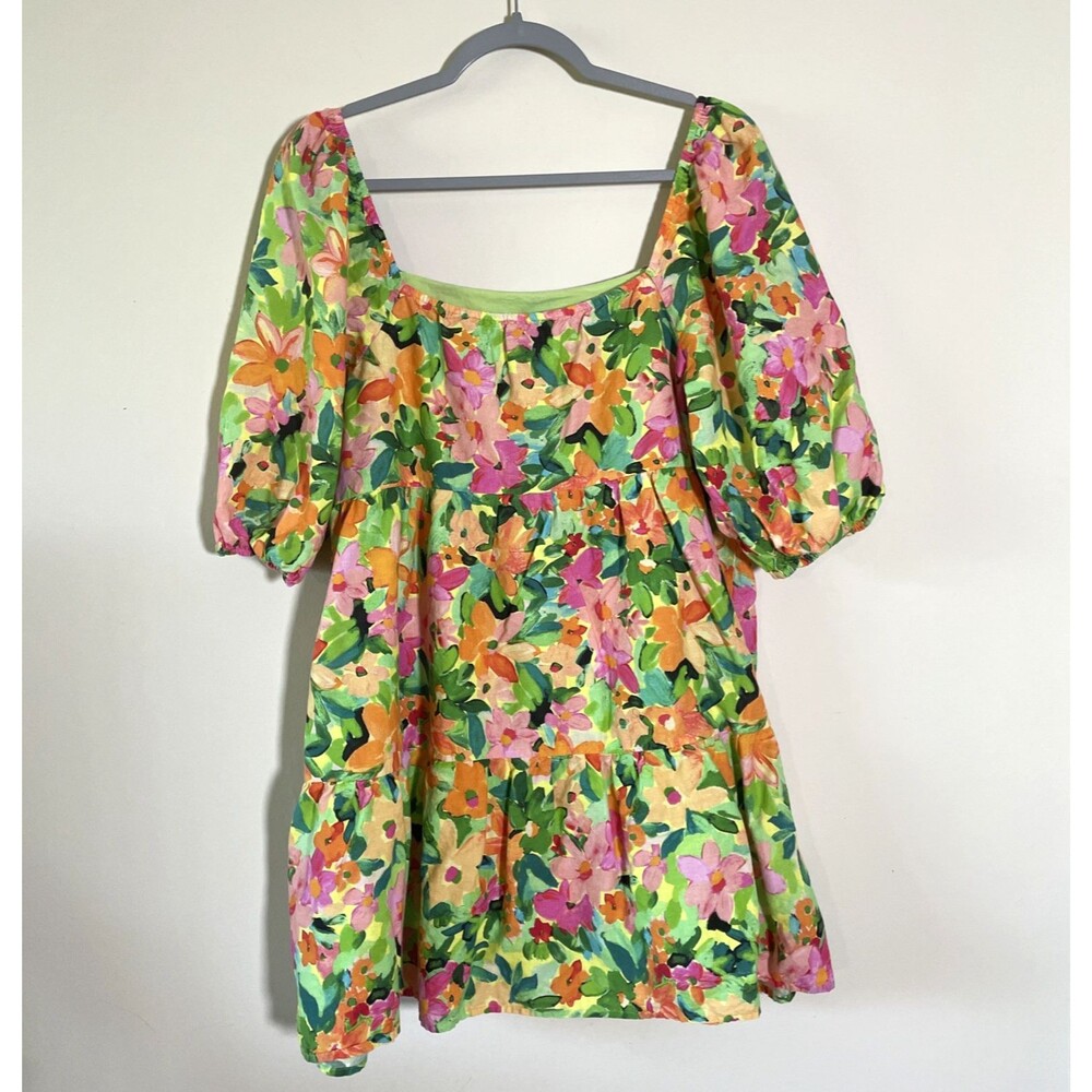 Sanctuary Anthropologie Tropical Print Puff Sleeve Lined Dress Linen Sz Medium - Picture 3 of 9